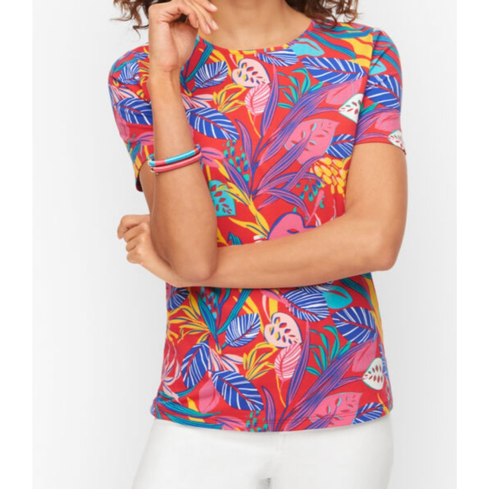Talbots Tropical Leaf Print Short Sleeve Tee Shirt Red Multicolor Size M
